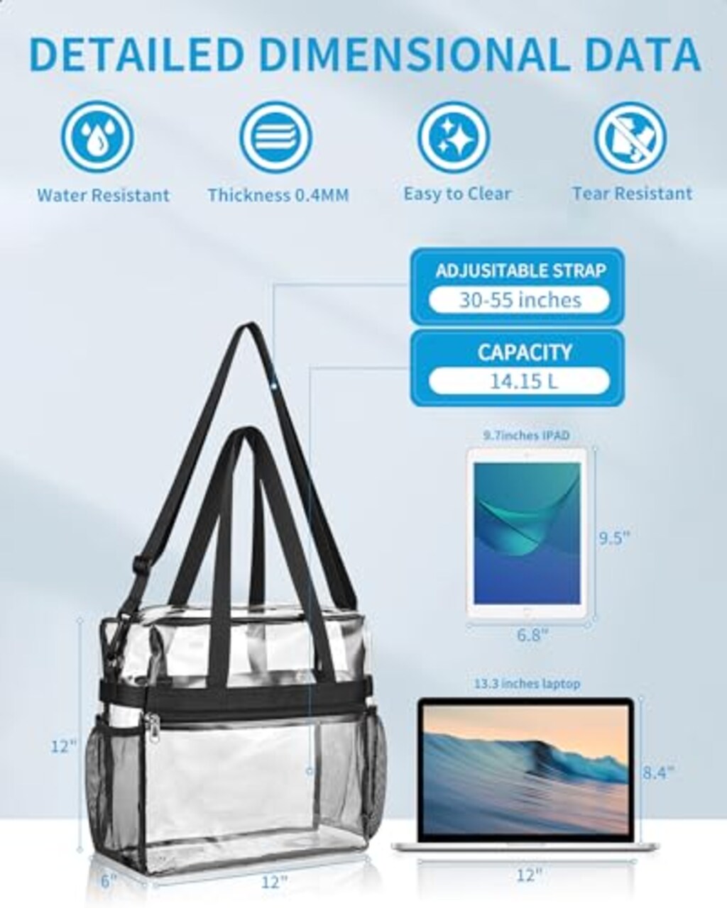 Clear Bag for Stadium Events 12x6x12, Large Clear Tote Lunch Bag Stadium Approved with Reinforced Shoulder Straps for Concert Outfits and Festival, Transparent Handbag for Women - Black